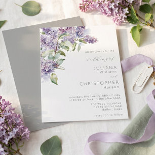 Convite Elegante Casamento Floral de Lilás e Salvia em Aqu