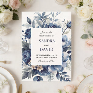 Convite Elegante Casamento Floral de Marinho e Prata Marfi