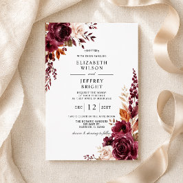 Convite Elegante Casamento Floral de Outono em Borgonha