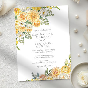 Convite Elegante Casamento Floral em Amarelo Pêssego e Ver