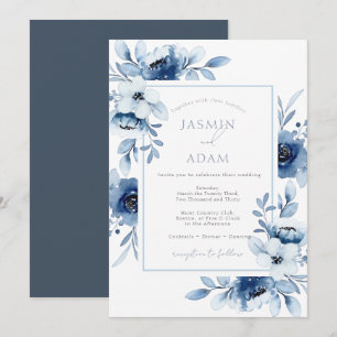 Convite Elegante Casamento Floral em Aquarela Azul