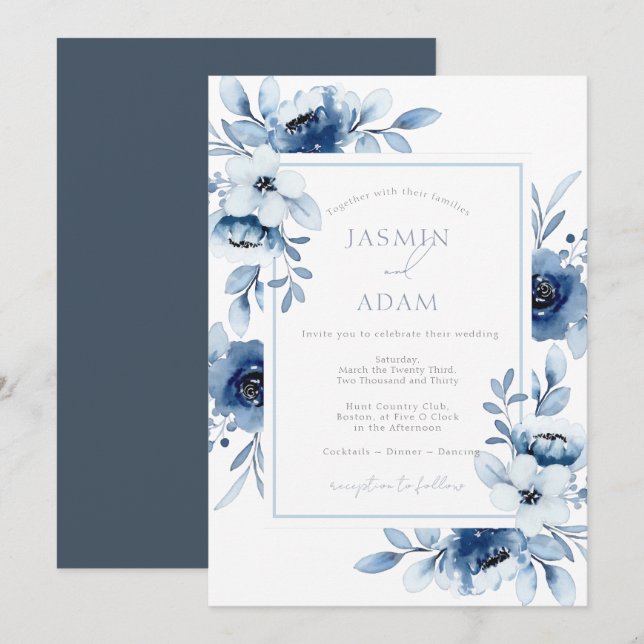 Convite Elegante Casamento Floral em Aquarela Azul (Frente/Verso)