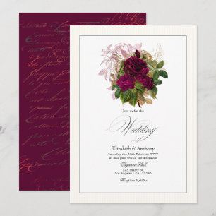 Convite Elegante Casamento Floral em Borgonha, Dourado e R