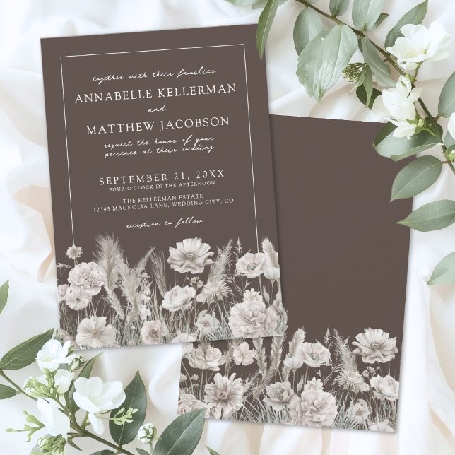 Convite Elegante Casamento Floral Marrom Boho (Elegant Brown Floral Boho Wedding Invitation)