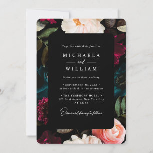 Convite Elegante Casamento Floral Moderno Escuro e Mal-hum