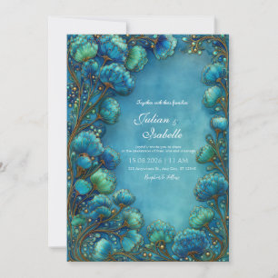 Convite Elegante Casamento Floral Ondulado em Teal Art Nou