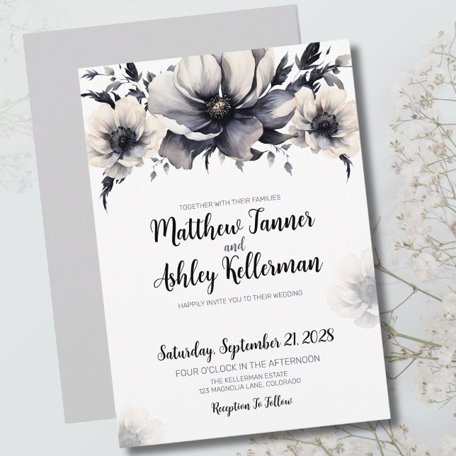 Convite Elegante Casamento Floral Preto Branco (Trendy Black White Floral Elegant Wedding Invitation)