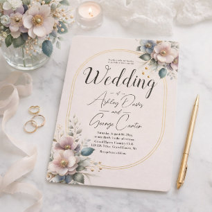 Convite Elegante casamento floral rosa, azul e creme
