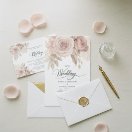 Convite Elegante Casamento Floral Rosa Poeirento com Verdu