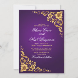 Convite Elegante Casamento Floral Roxo Real e Dourado