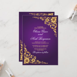 Convite Elegante Casamento Floral Roxo Real e Dourado