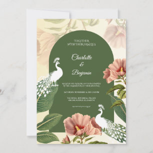 Convite Elegante Casamento Floral Verde Pavão Real
