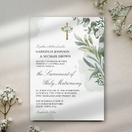 Convite Elegante Casamento Floral Verde Suave de Missa Nup