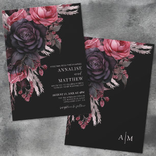 Convite Elegante Casamento Floral Vermelho e Preto