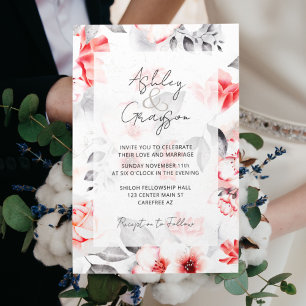 Convite Elegante Casamento Floral Vermelho Romântico