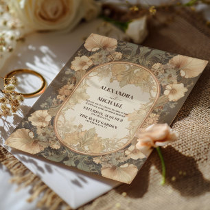 Convite Elegante Casamento Floral Vintage em Tons de Salvi