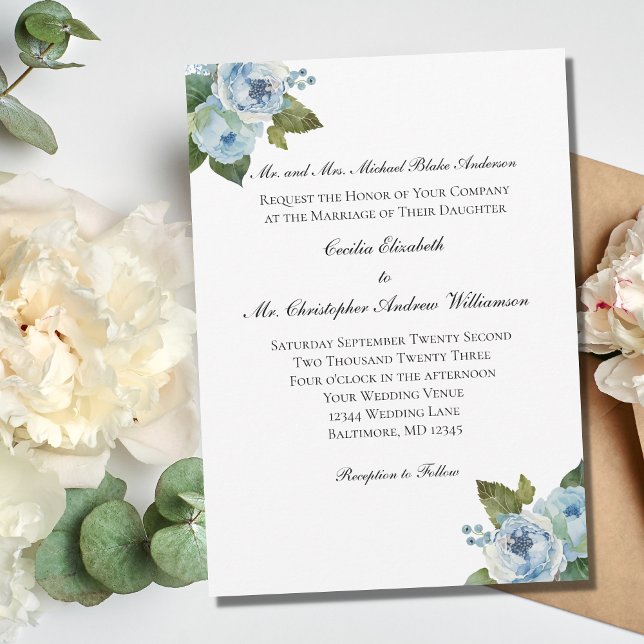 Convite Elegante Casamento Formal com Flora Verde Azul (Criador carregado)