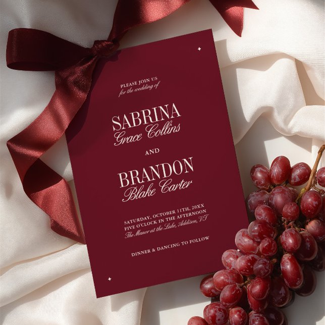 Convite Elegante Casamento Formal Moderno em Borgonha e Ma (Elegant Modern Burgundy & Ivory Formal Wedding Invitation)