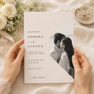 Convite Elegante Casamento Geométrico com Foto Romântica