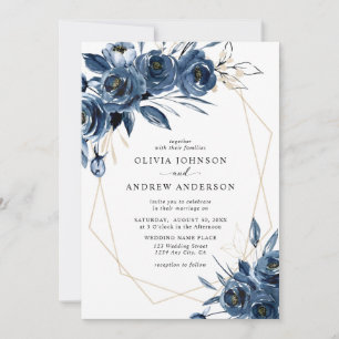 Convite Elegante Casamento Geométrico Floral Azul Naval Pr