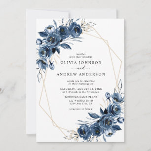 Convite Elegante Casamento Geométrico Floral em Azul Naval