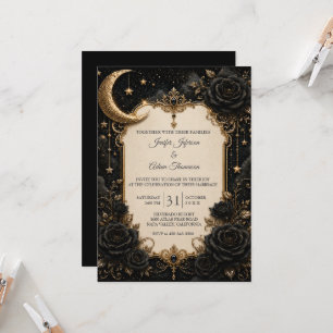 Convite Elegante Casamento Gótico Preto e Dourado