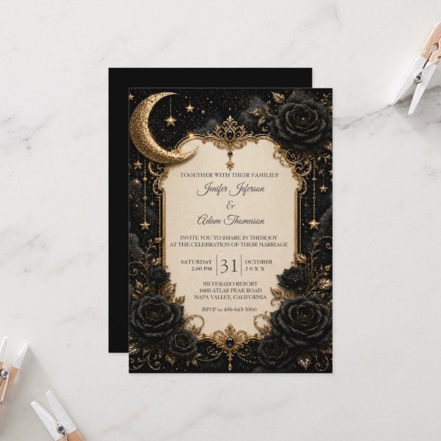 Convite Elegante Casamento Gótico Preto e Dourado (Frente/Verso In Situ)