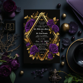 Convite Elegante Casamento Gótico Roxo e Dourado Temperame