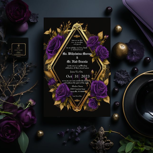 Convite Elegante Casamento Gótico Roxo e Dourado Temperame (Elegant Gothic Purple and Gold Wedding Invitation)