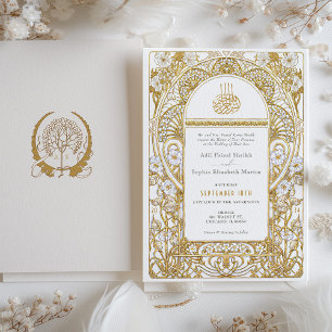 Convite Elegante Casamento Islâmico em Dourado e Branco Fa
