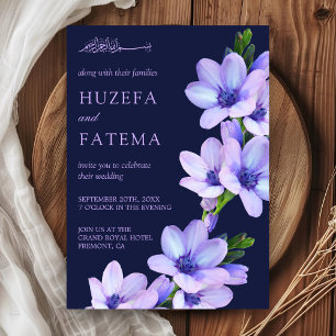 Convite Elegante Casamento Islâmico Muçulmano Floral Roxo