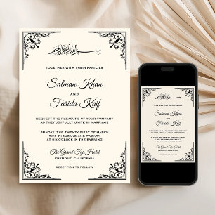 Convite Elegante Casamento Islâmico Muçulmano Preto e Crem