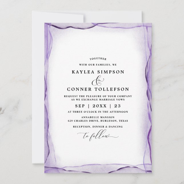Convite Elegante Casamento Lavanda Aquarela Abstrata (Frente)