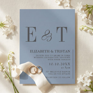 Convite Elegante Casamento Minimalista Azul Poeirento