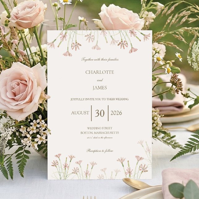 Convite Elegante Casamento Minimalista com Flores Silvestr (Minimalist blush pink wildflower wedding invitation. Elegant botanical garden design. Customize!)