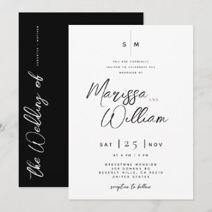 Convite Elegante Casamento Moderno com Letra em Preto e Br