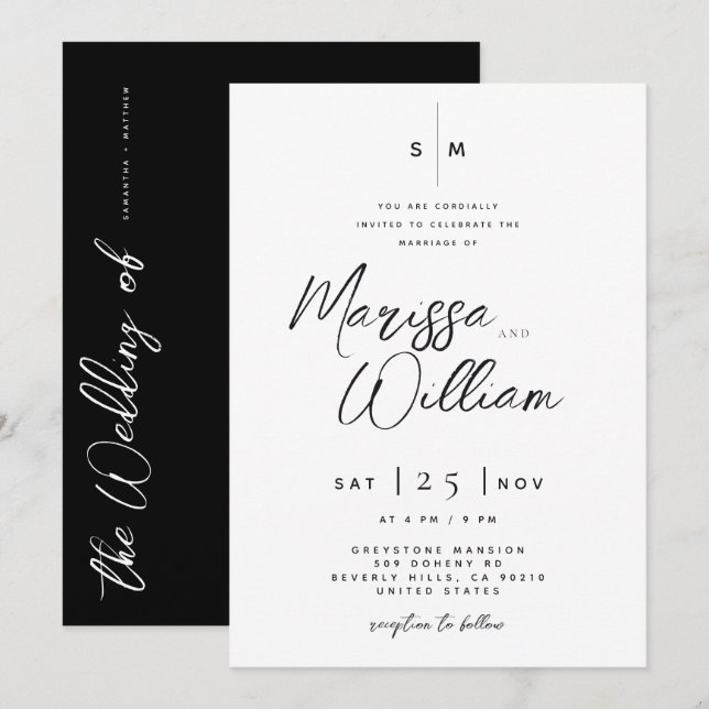 Convite Elegante Casamento Moderno com Letra em Preto e Br (Frente/Verso)