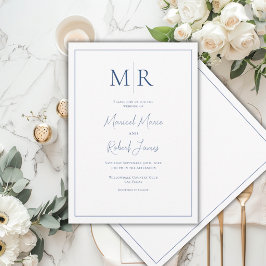 Convite Elegante Casamento Moderno com Monograma Azul Mari
