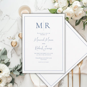 Convite Elegante Casamento Moderno com Monograma Azul Mari