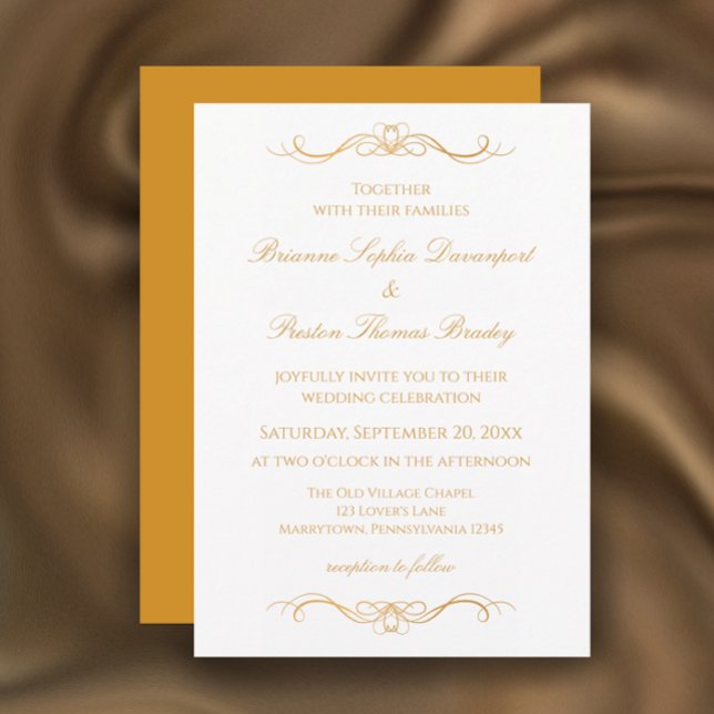 Convite Elegante Casamento Moderno em Dourado e Branco com (Personalize this unique elegant gold and white wedding invitation template. Whimsical modern script.)