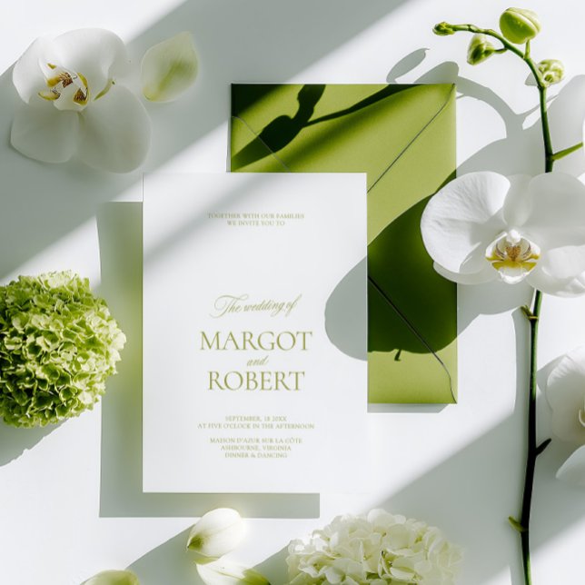 Convite Elegante Casamento Moderno em Verde Oliva e Branco (Elegant Modern Olive Green & White Wedding Invitation)