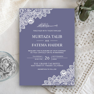 Convite Elegante Casamento Muçulmano com Renda Roxa e Bran