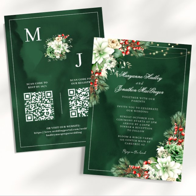 Convite Elegante Casamento no inverno Floral Emerald Green (Criador carregado)