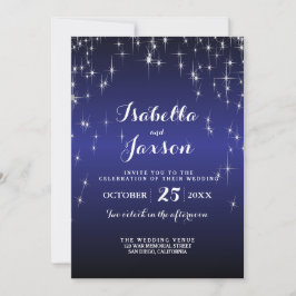 Convite Elegante Casamento Noturno Estrelado em Azul Escur