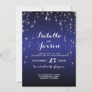 Convite Elegante Casamento Noturno Estrelado em Azul Escur