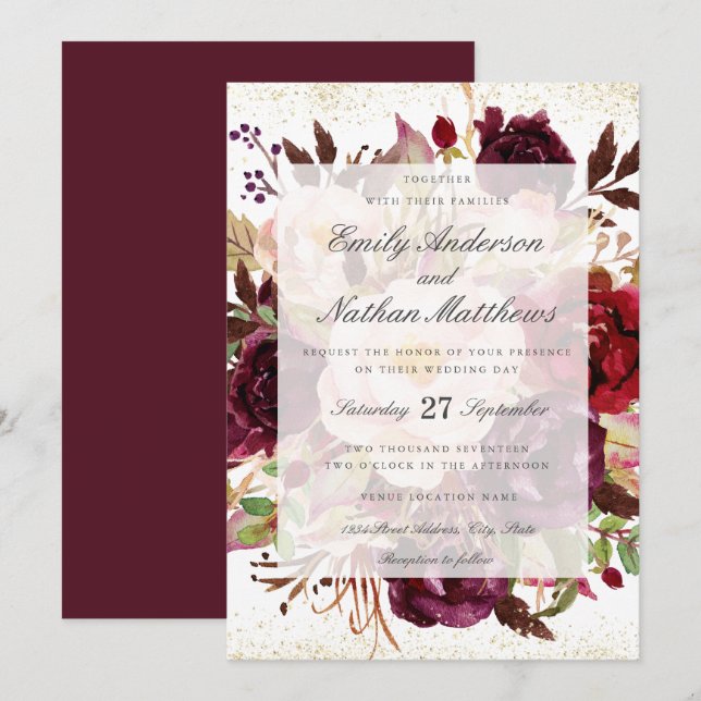 Convite Elegante Casamento Ouro Borgonha (Frente/Verso)