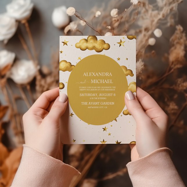 Convite Elegante Casamento Ouro Celestial Lua e Estrelas (Criador carregado)