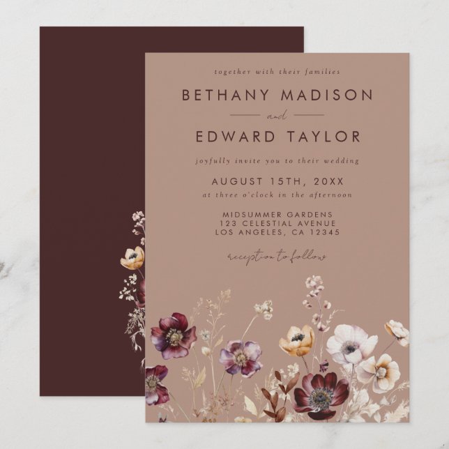 Convite Elegante Casamento outono de flor selvagem (Frente/Verso)