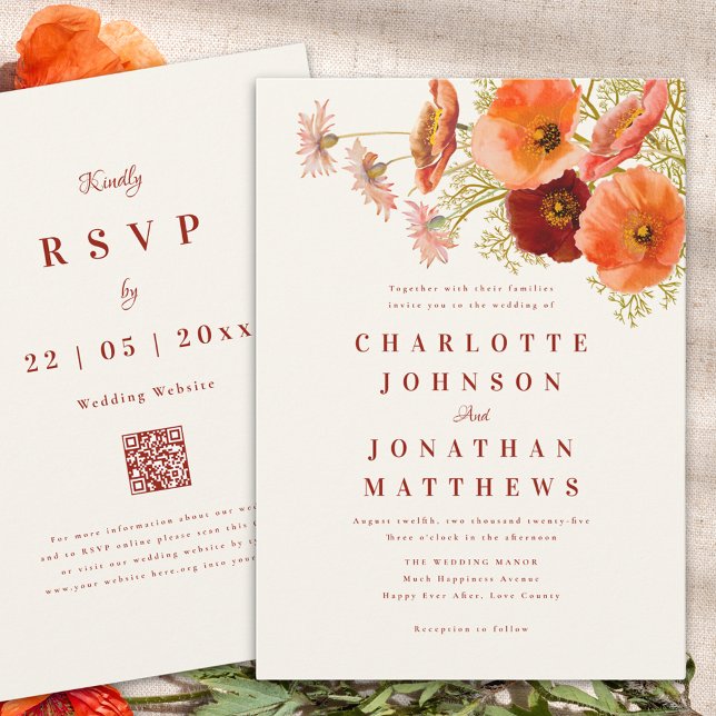 Convite Elegante Casamento outono de flor selvagem (Elegant wildflower fall wedding invitation burnt orange script and website qr code)