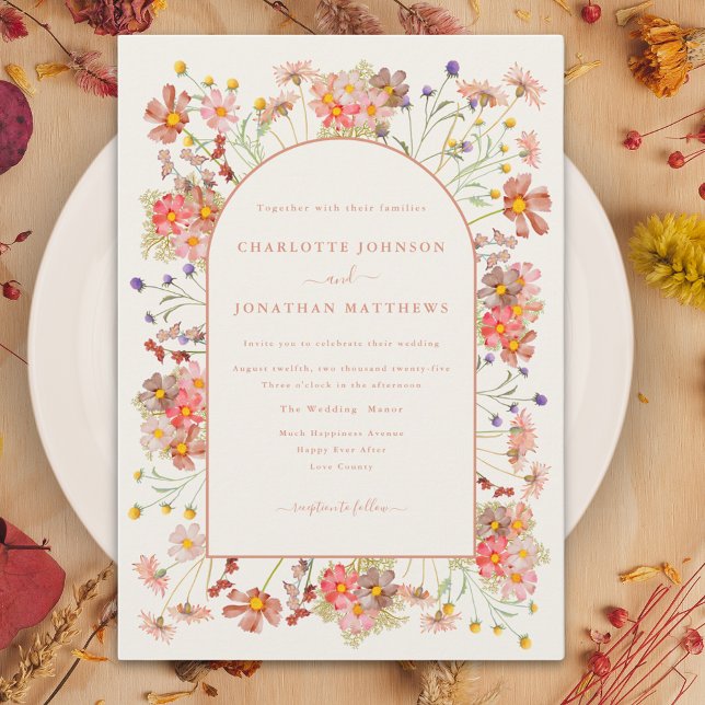 Convite Elegante Casamento outono de flor selvagem (Wildflower burnt orange terracotta arch fall wedding invitation )